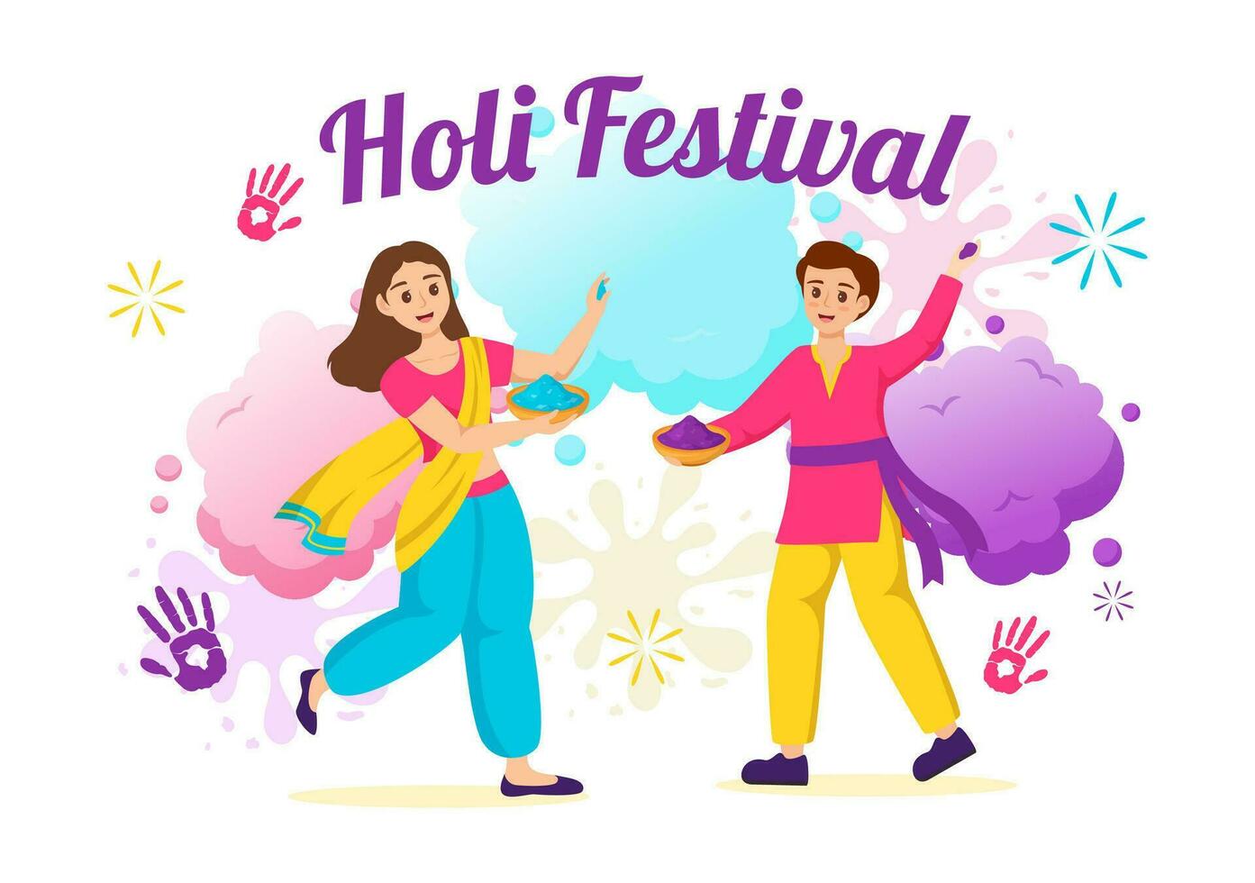 Lycklig holi festival vektor illustration med färgrik pott och pulver i hindi i färger firande platt tecknad serie bakgrund design