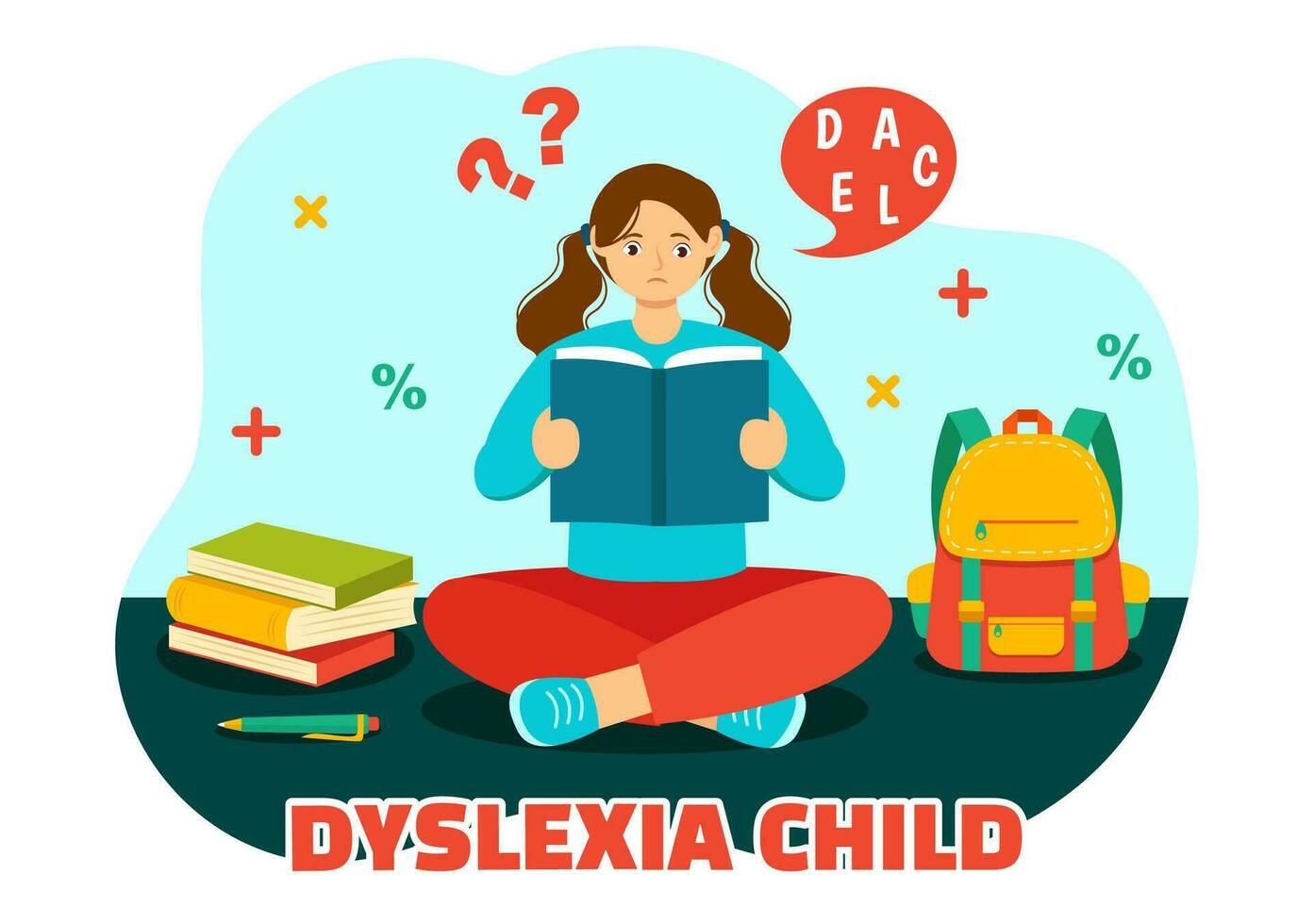 Dyslexie Kinder Vektor Illustration von Kinder Dyslexie Störung und Schwierigkeit im Lernen lesen mit Briefe fliegend aus im eben Karikatur Hintergrund