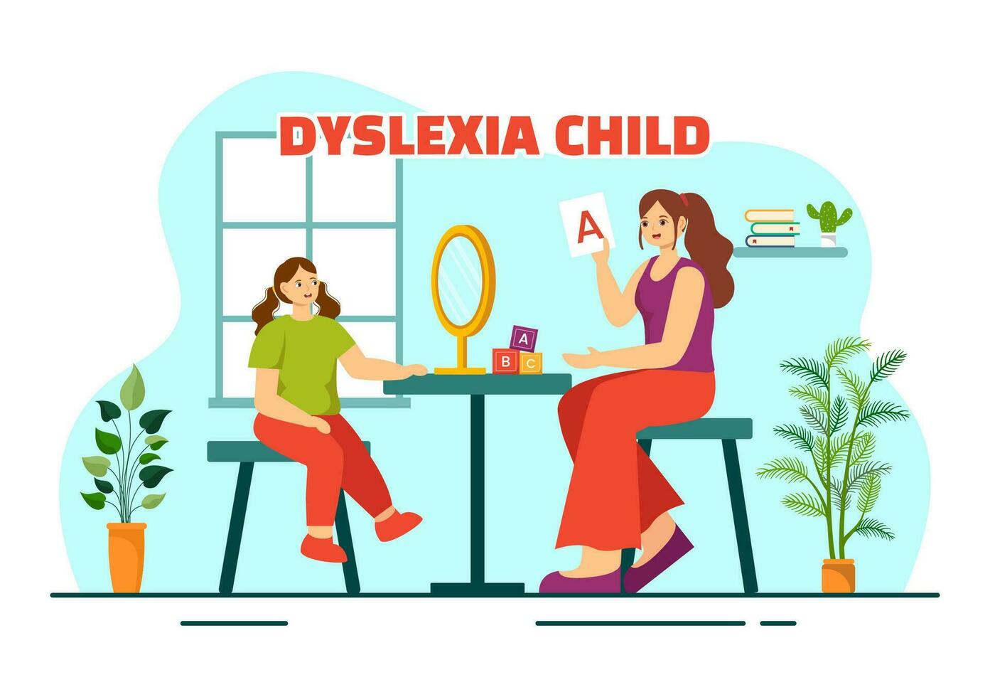 dyslexi barn vektor illustration av barn dyslexi oordning och svårighet i inlärning läsning med brev flygande ut i platt tecknad serie bakgrund