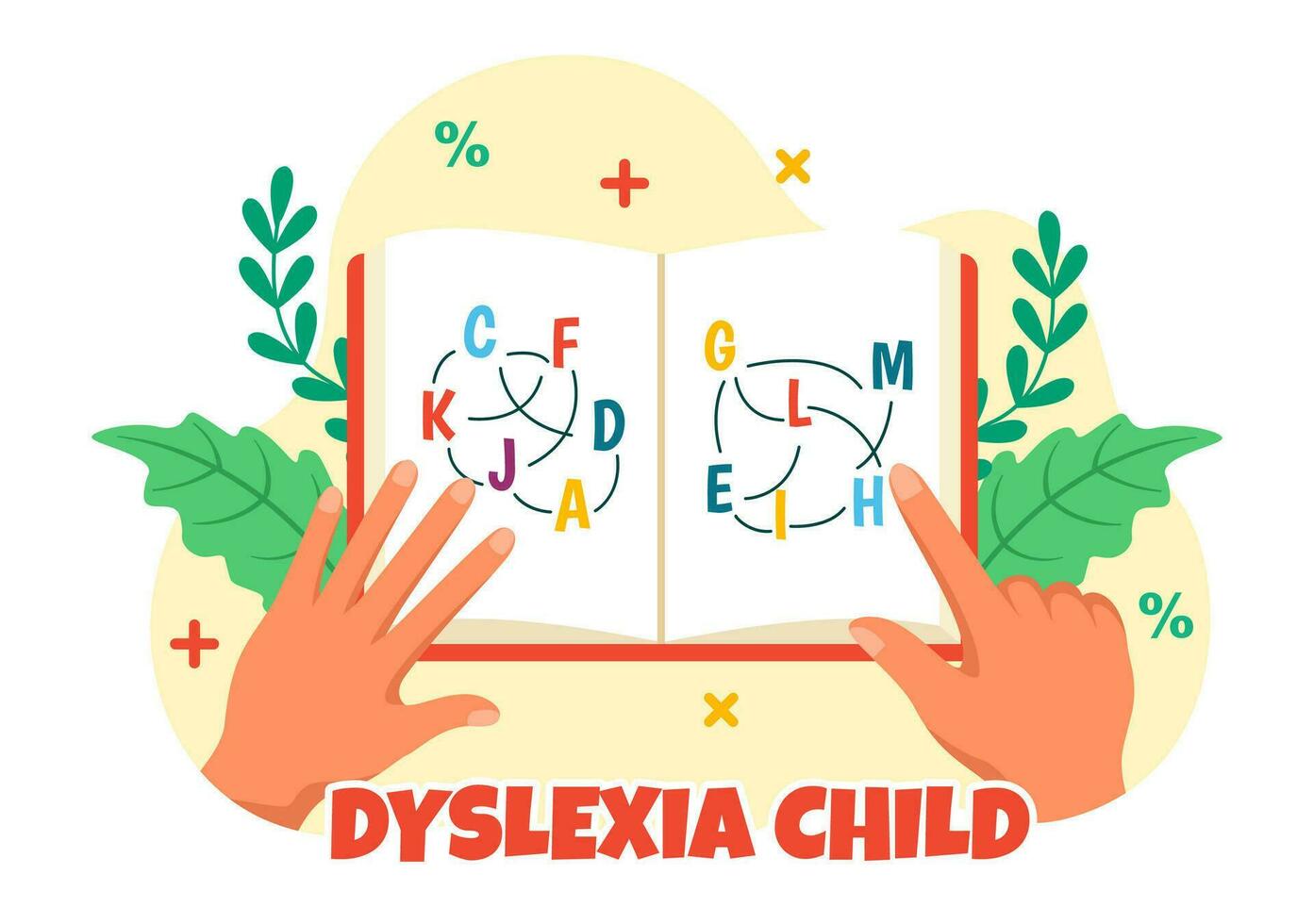 dyslexi barn vektor illustration av barn dyslexi oordning och svårighet i inlärning läsning med brev flygande ut i platt tecknad serie bakgrund