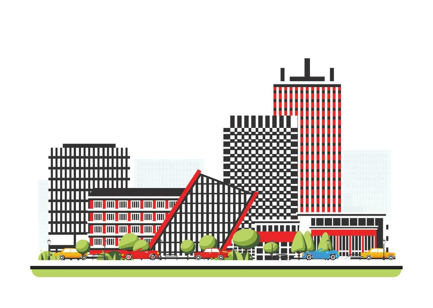 Geschäft Stadt Kreis mit Wolkenkratzer im eben Stil mit Bäume. Stadt Szene isoliert auf Weiß Hintergrund. städtisch die Architektur. modern europäisch die Architektur. Innenstadt Straße. vektor