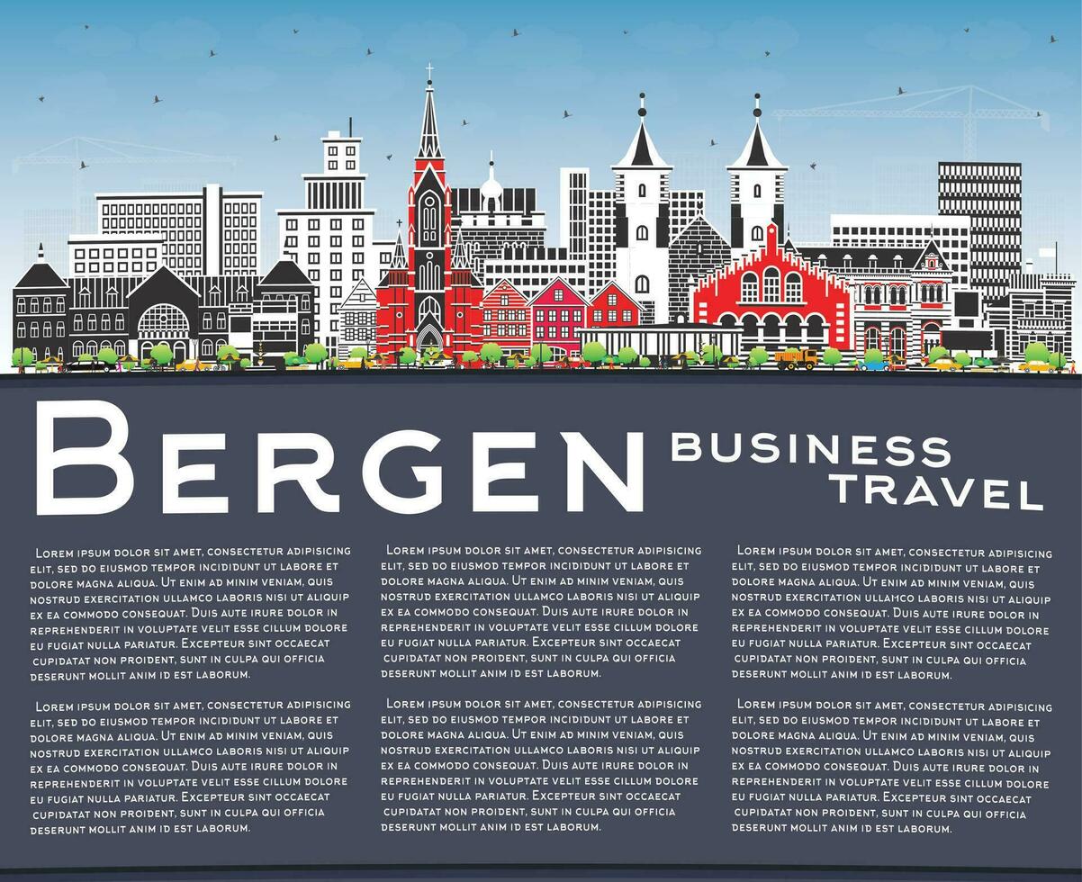 Bergen Norge stad horisont med Färg byggnader, blå himmel och kopia Plats. Bergen stadsbild med landmärken. företag resa och turism begrepp med historisk arkitektur. vektor