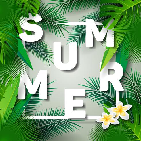 Vector typografische Illustration des Sommerzeit-Feiertags auf Palmblatthintergrund.