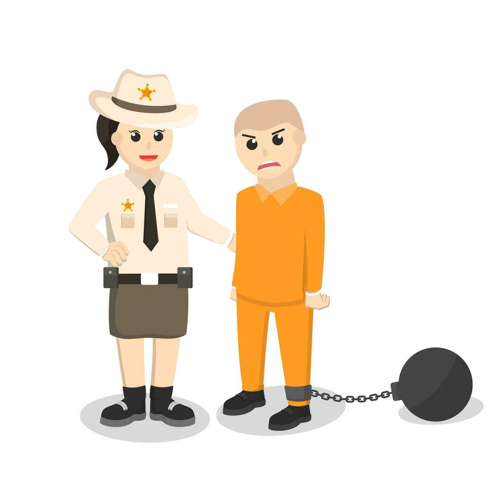Sheriff Frau gefangen Häftling Design Charakter auf Weiß Hintergrund vektor