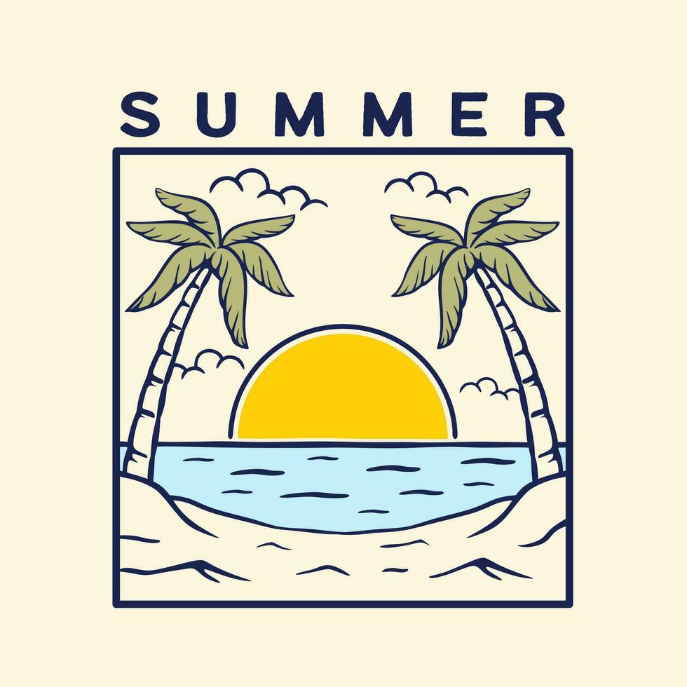 Vektor Illustration Sommer- Strand, Sonnenuntergang und Palme Bäume. einfach Hand gezeichnet Linie Kunst skizzieren zum T-Shirt, Poster, Logo Vorlage.