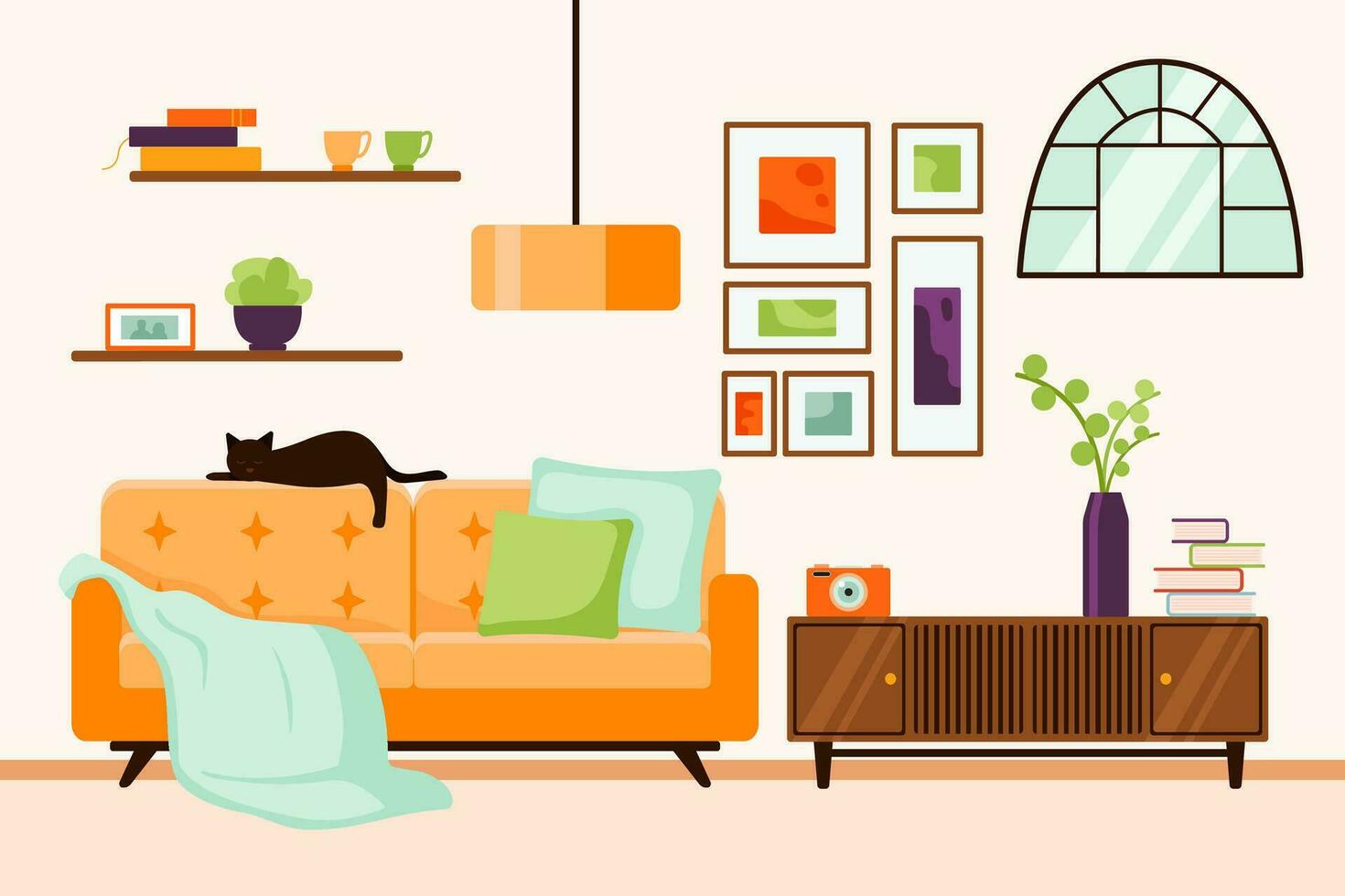Leben Zimmer Innere mit Möbel, Zimmerpflanzen im Töpfe, Katze, Sofa, Lampe. Vektor Illustration von Wohnung im eben Stil.