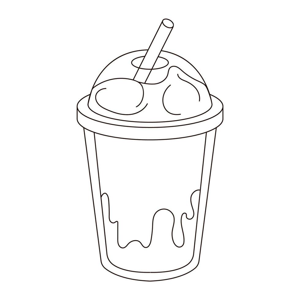 kalt Kaffee im ein Plastik transparent Tasse mit ein Stroh und Creme. Linie Kunst Stil. Vektor Illustration isoliert auf ein Weiß Hintergrund.