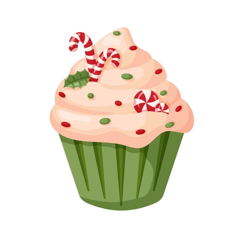 Weihnachten Cupcake mit Süßigkeiten Stock und Mistel. Stechpalme Cupcake im Karikatur Stil. Vektor Illustration isoliert auf ein Weiß Hintergrund.