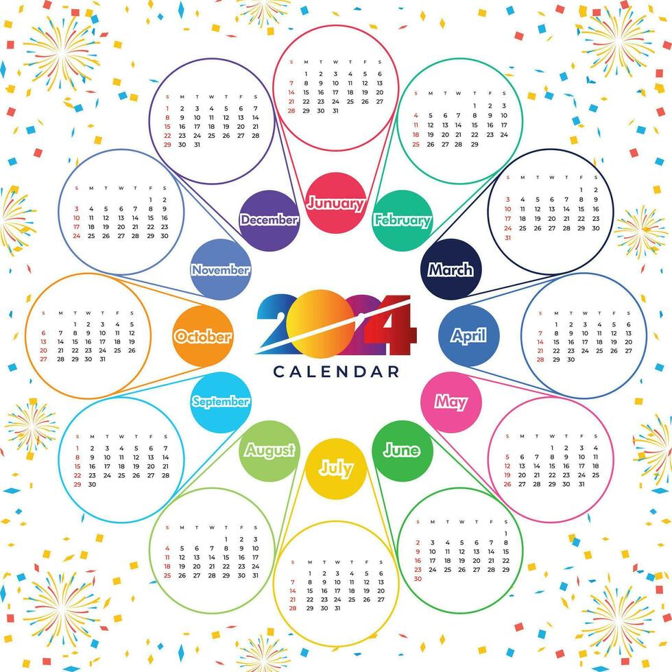 2024 färgrik årlig kalender mall vektor