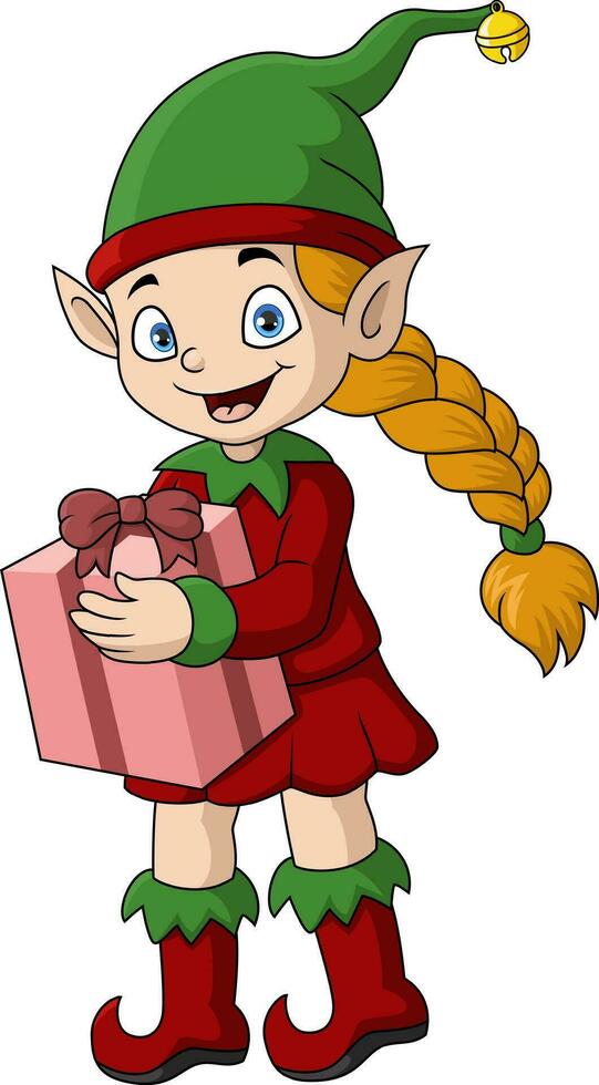 süß Weihnachten Mädchen Elf Karikatur halten Geschenk vektor