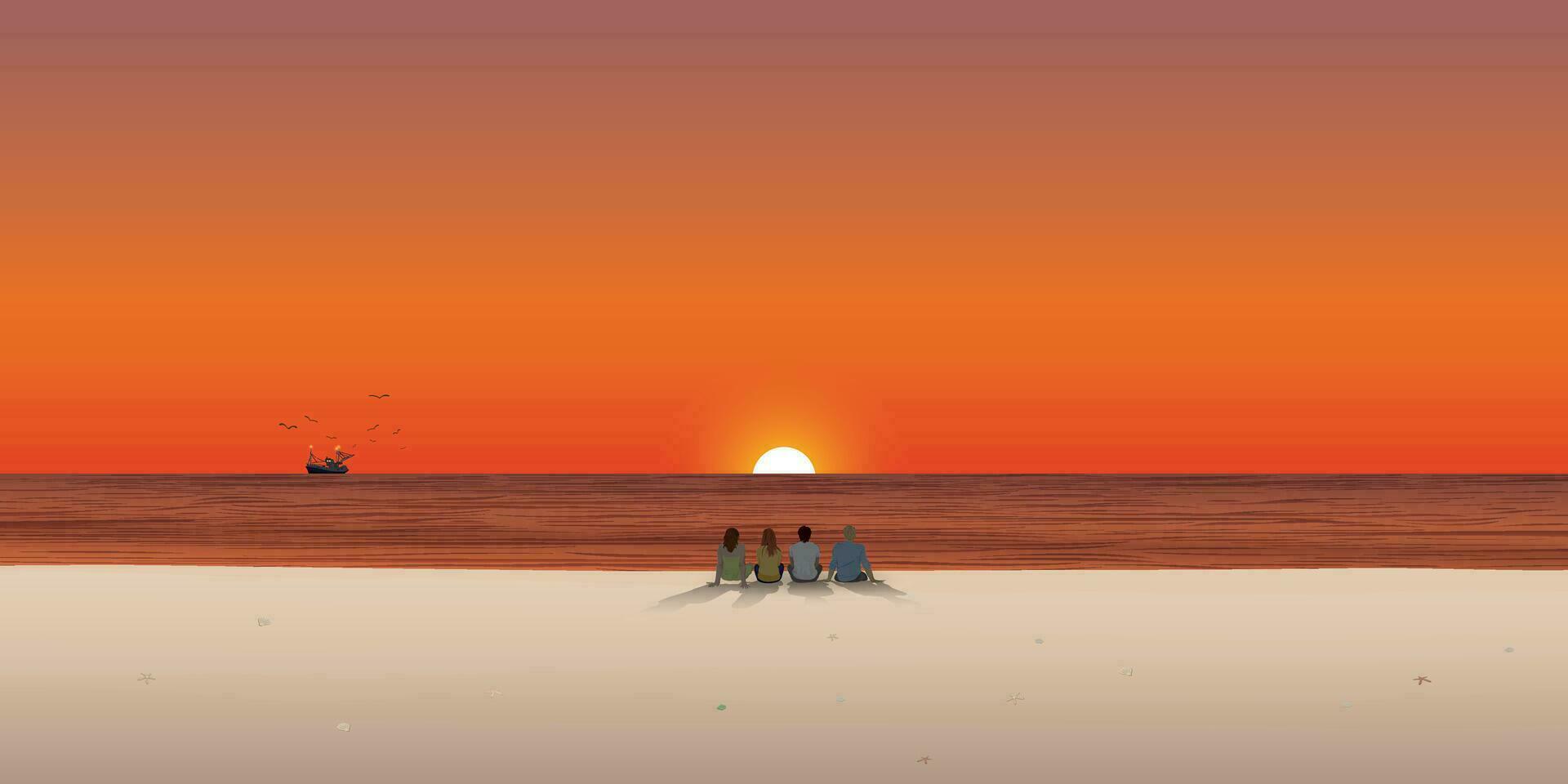 Gruppe von freunde Sitzung zusammen auf das Strand beim Sonnenuntergang mit Angeln Boot gefolgt durch Möwen auf das Horizont Vektor Illustration. Freundschaft Reisen Konzept eben Design haben leer Raum.