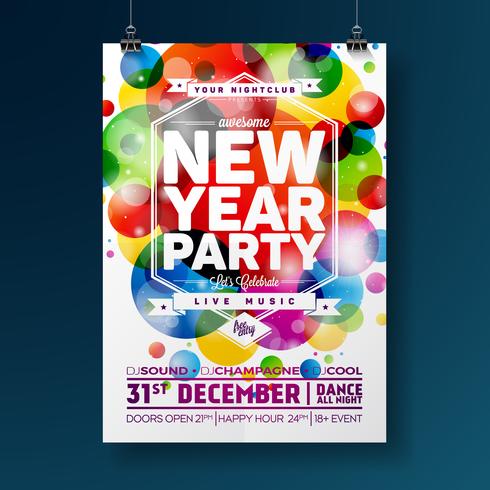 Party-Feier-Plakat-Illustration des neuen Jahres mit Typografie-Design auf glänzendem buntem Hintergrund. Vektor ENV 10.