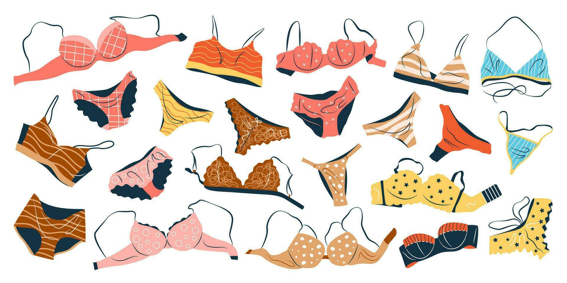 bündeln von weiblich Dessous setzt isoliert auf Weiß Hintergrund. Sammlung von elegant Unterwäsche, sexy Unterwäsche, bhs, Bikini und Höschen zum Frauen. Hand gezeichnet bunt eben Vektor Illustrationen.