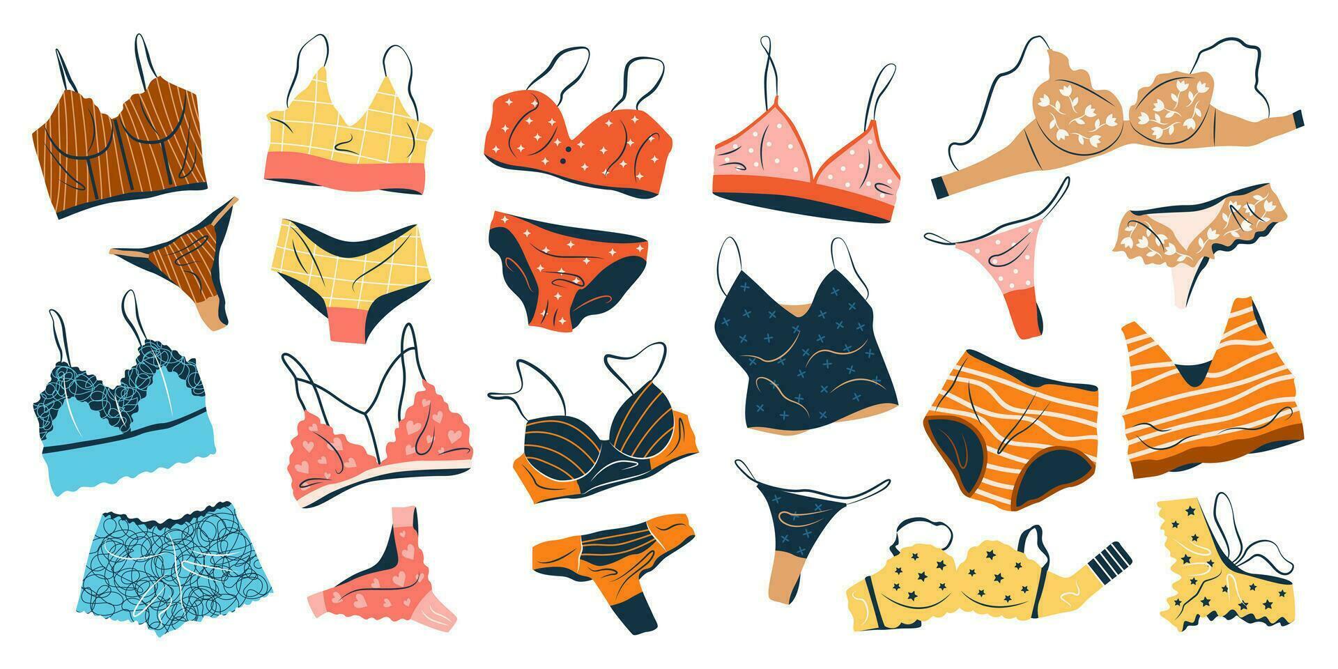 bündeln von weiblich Dessous setzt isoliert auf Weiß Hintergrund. Sammlung von elegant Unterwäsche, sexy Unterwäsche, bhs, Bikini und Höschen zum Frauen. Hand gezeichnet bunt eben Vektor Illustrationen.