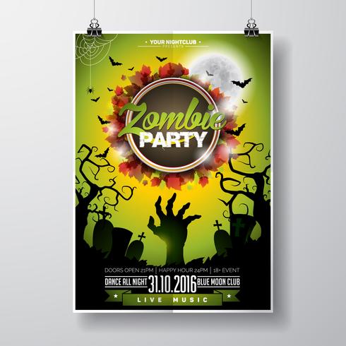 Vektor Halloween Zombie Party Flyer Design med typografiska element på grön bakgrund.