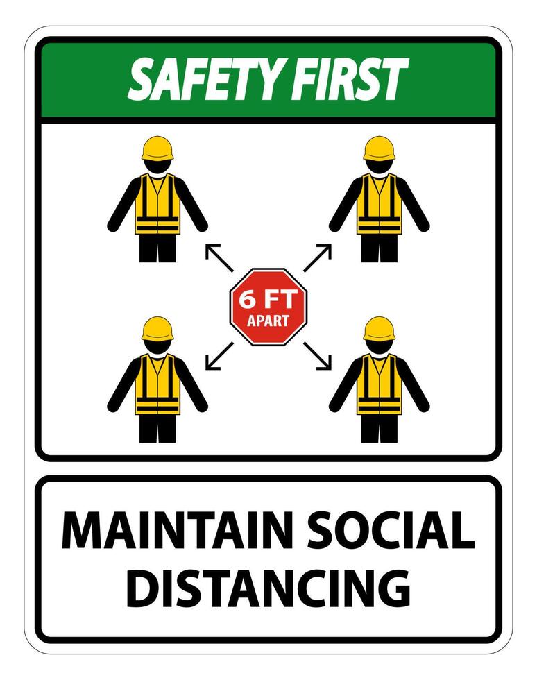 säkerhet först upprätthålla social distansering, håll 6ft från varandra tecken, coronavirus covid-19 tecken isolera på vit bakgrund, vektorillustration eps.10 vektor