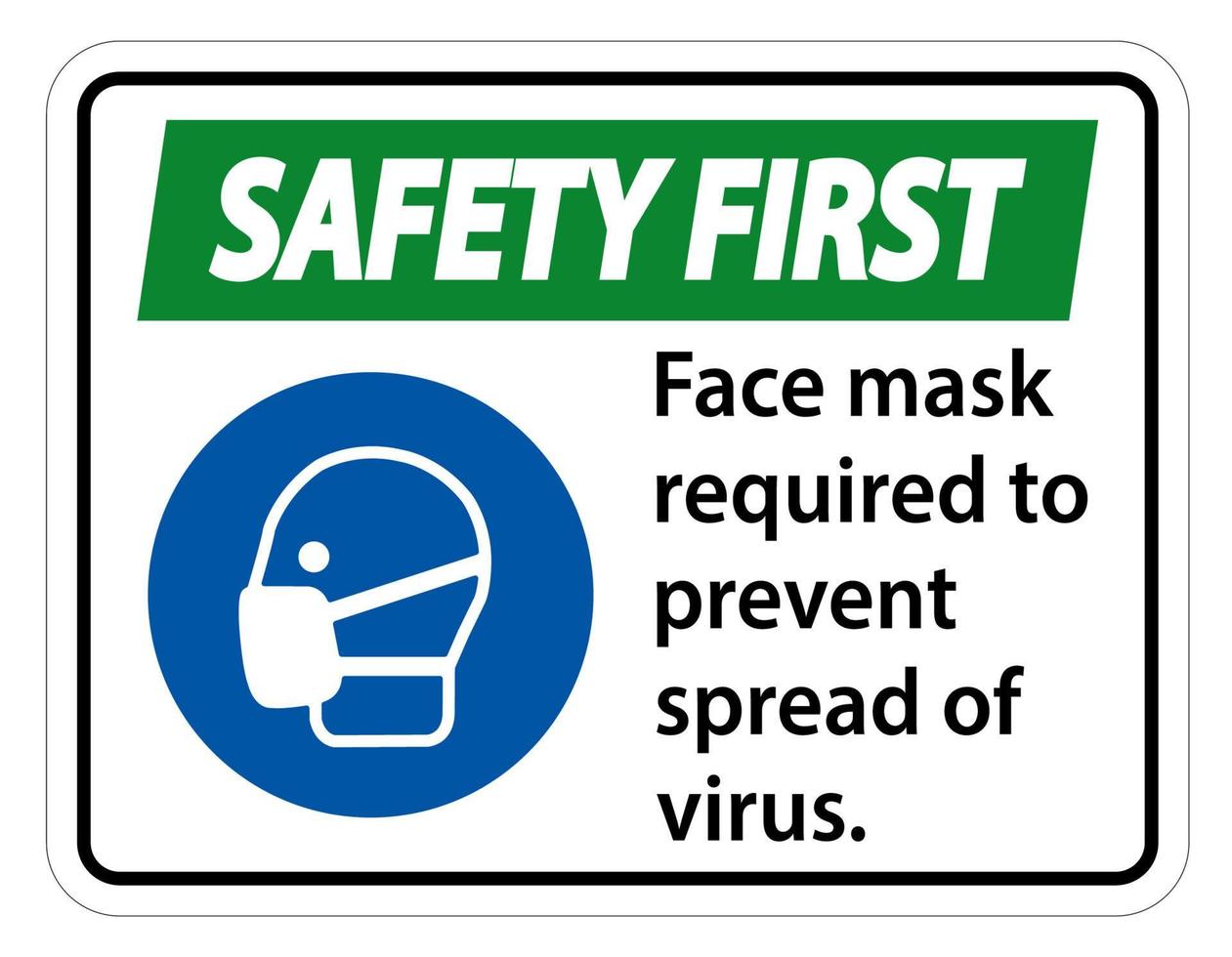 säkerhet första ansiktsmask krävs för att förhindra spridning av virus tecken på vit bakgrund vektor