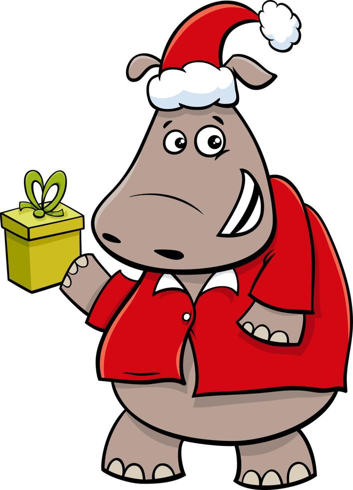 Cartoon Nilpferd Tierfigur mit Geschenk zur Weihnachtszeit vektor
