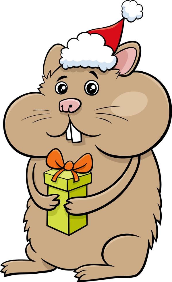 Hamster-Tierzeichentrickfigur mit Geschenk zur Weihnachtszeit vektor