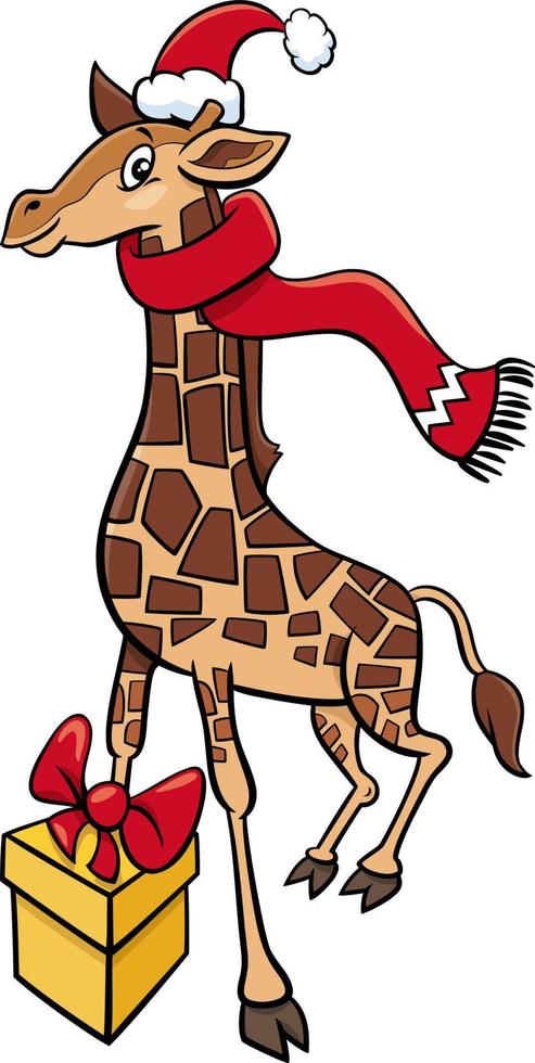 Cartoon Giraffe Tierfigur mit Geschenk zur Weihnachtszeit vektor