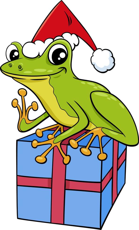 Cartoon Frosch Tierfigur mit Geschenk zur Weihnachtszeit vektor