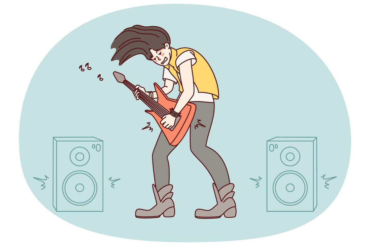 Rocker mit elektrisch Gitarre haben Spaß abspielen auf Bühne. Frau im Felsen Kleidung und Stiefel ausführen auf Konzert. Musik- und Leistung. Vektor Illustration.