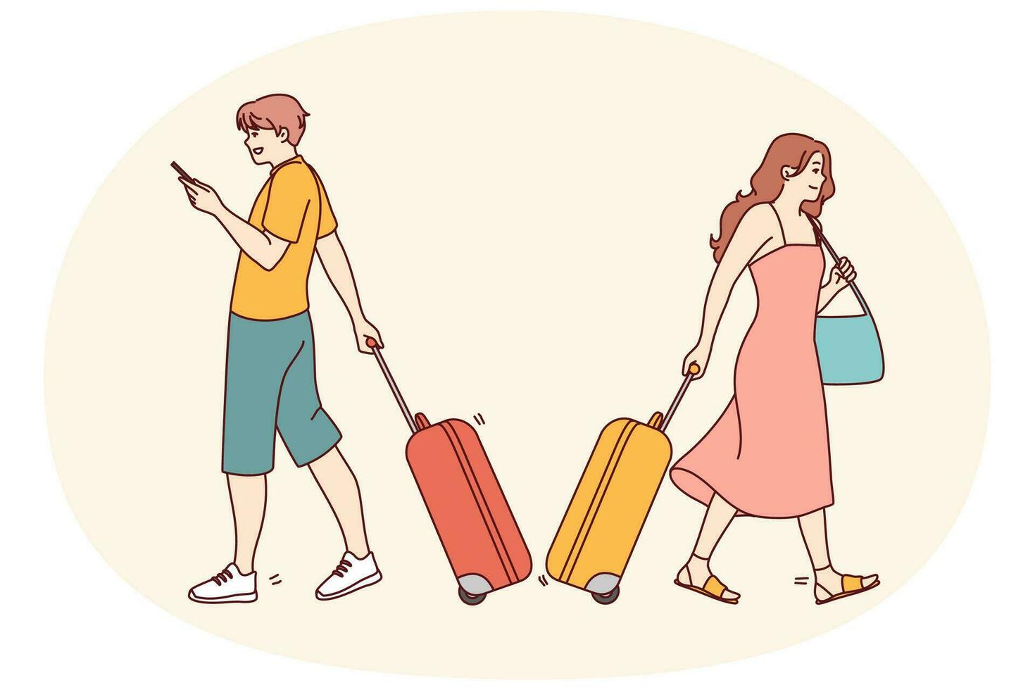 människor med resväskor redo till resa i flygplats. leende turist med bagage innan semester. turism och högtider. vektor illustration.