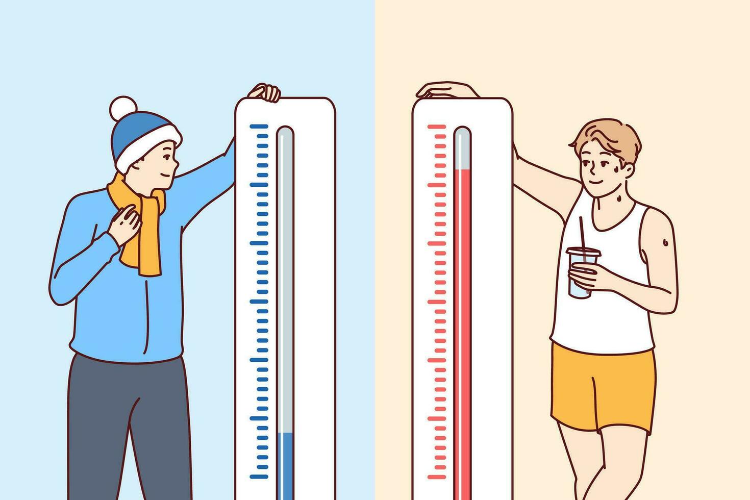 Mann steht in der Nähe von Thermometer zeigen anders Temperaturen und fühlt sich Hitze oder kalt vektor