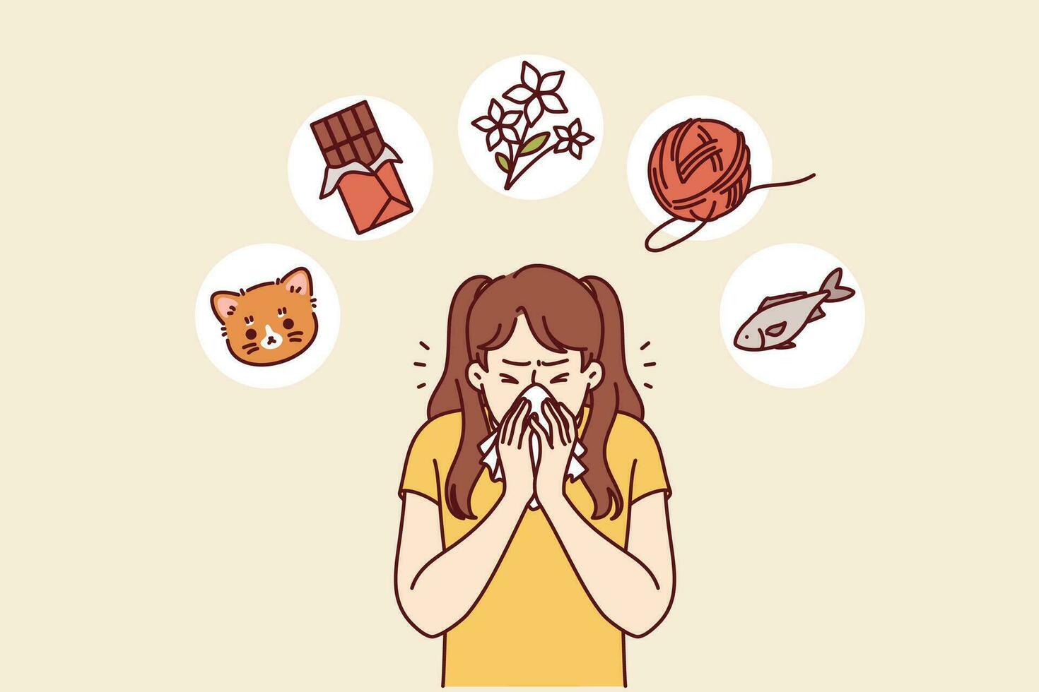 wenig Mädchen leidet von Allergien und Niesen weil Katze Pelz oder Schokolade und Blühen Blumen vektor