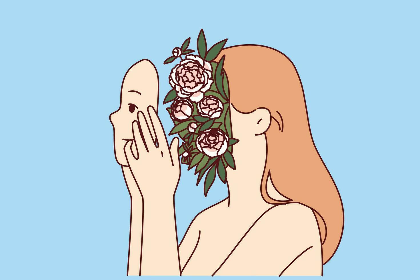 Frau mit Blumen im Kopf symbolisieren Reinheit und Frömmigkeit oder spirituell Harmonie hält besitzen Gesicht im Hände vektor