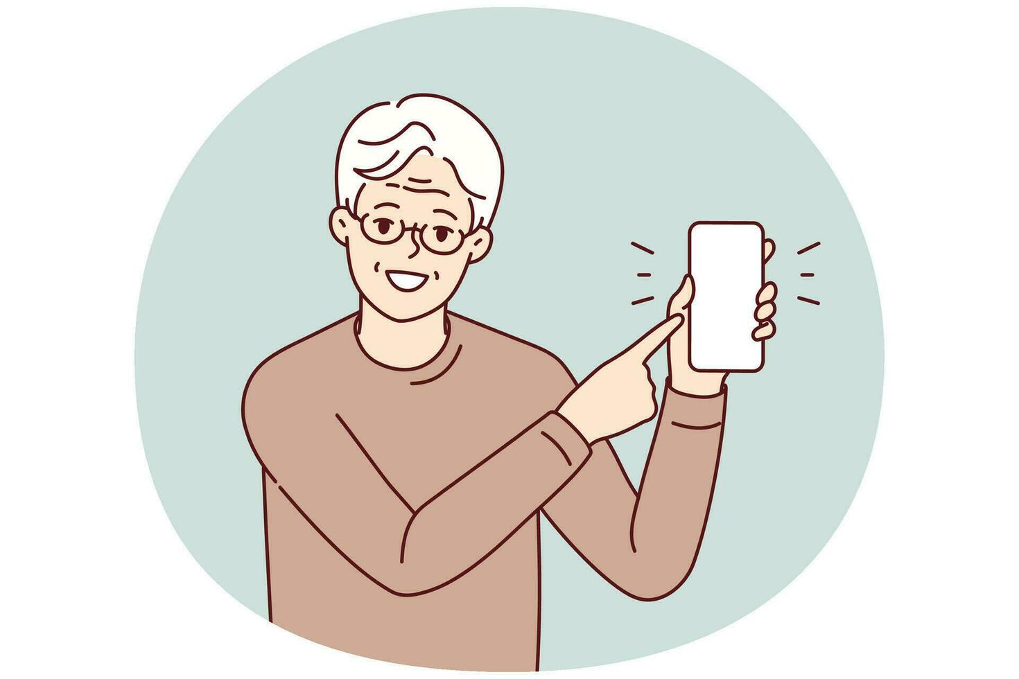 leende äldre man i glasögon punkt på attrapp mobiltelefon skärm. Lycklig mogna farfar visa med finger på smartphone visa. vektor illustration.
