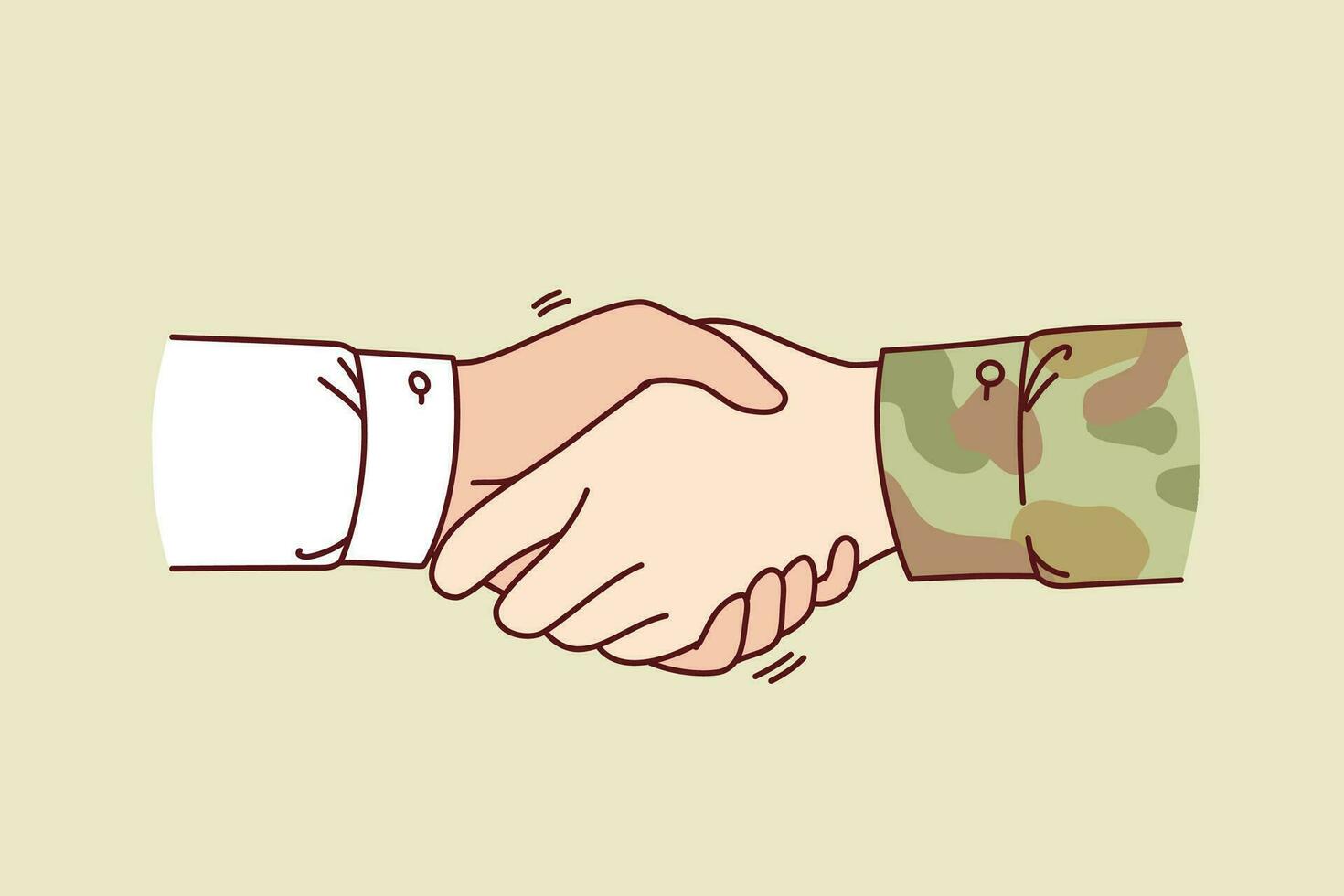 handslag mellan soldat och civil symboliserar Stöd av militär efter återvändande från fientligheterna. händer av officer och chef på ögonblick av handslag, för begrepp samarbete med armén vektor