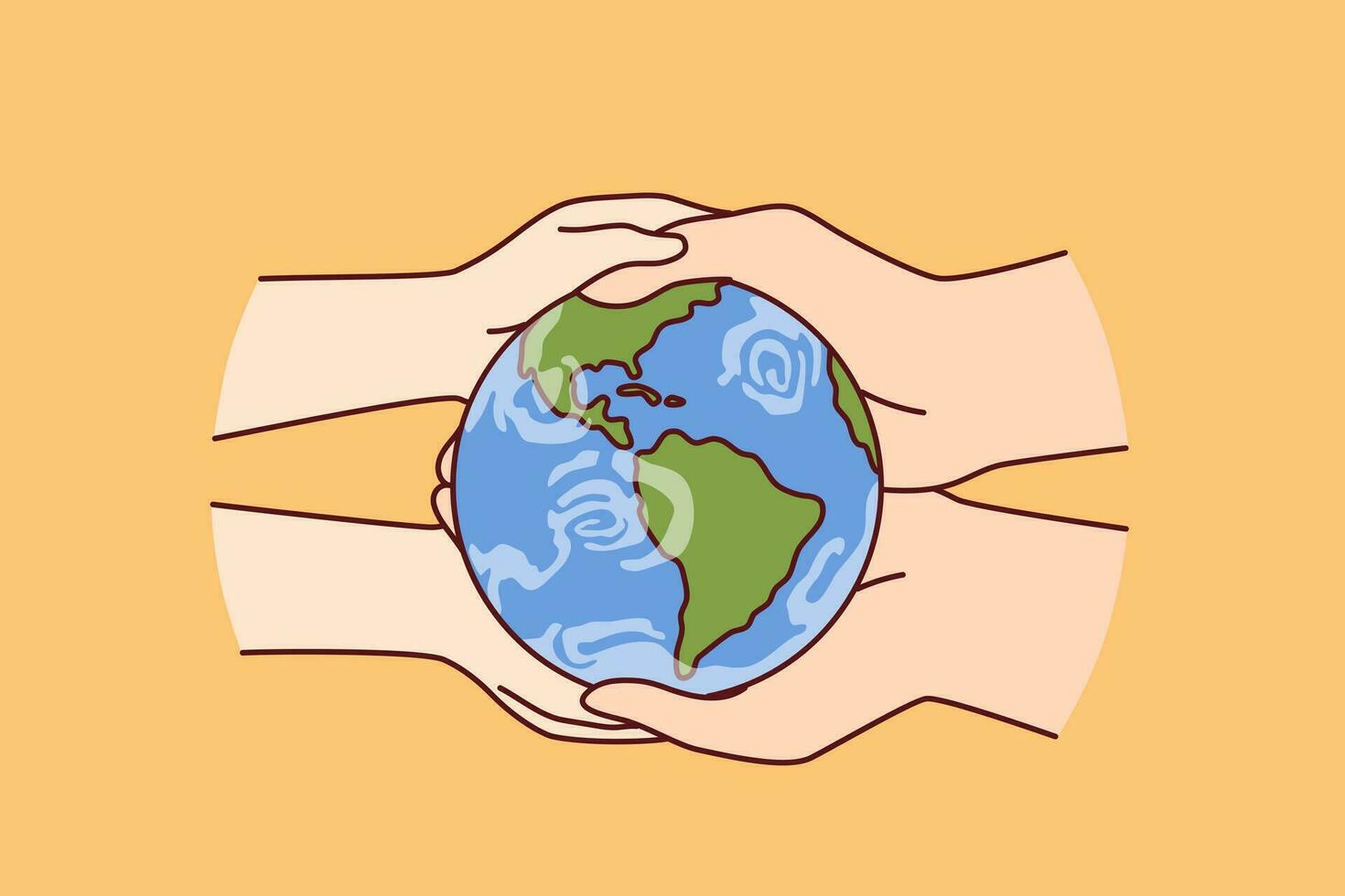 Globus im Hände von zwei Menschen Pflege Über Planet Erde und wünsche zu speichern Natur von Verschmutzung und Klima ändern. Miniatur Globus zu werben Umwelt Initiativen zu reduzieren co2 Emissionen vektor