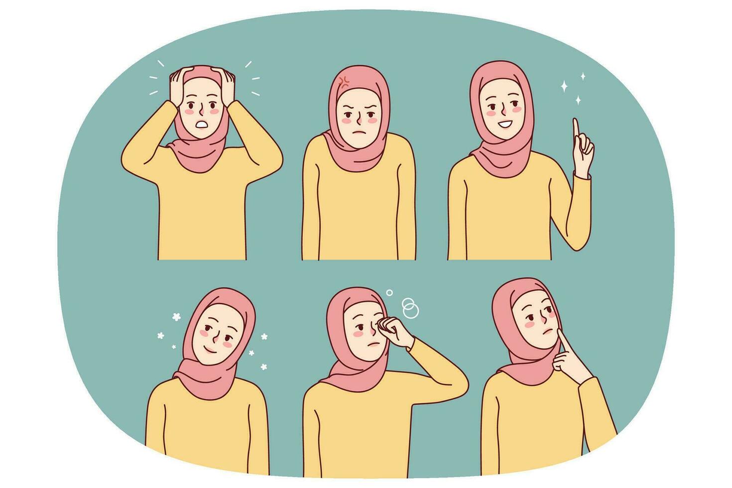 uppsättning av ung kvinna i hijab. samling av muslim kvinna i traditionell kläder som visar annorlunda känslor. vektor illustration.