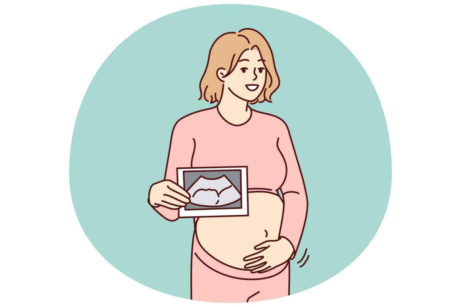 leende gravid kvinna Rör mage visa skanna av embryo. Lycklig framtida mamma håll ultraljud bild av bebis. graviditet och moderskap. vektor illustration.