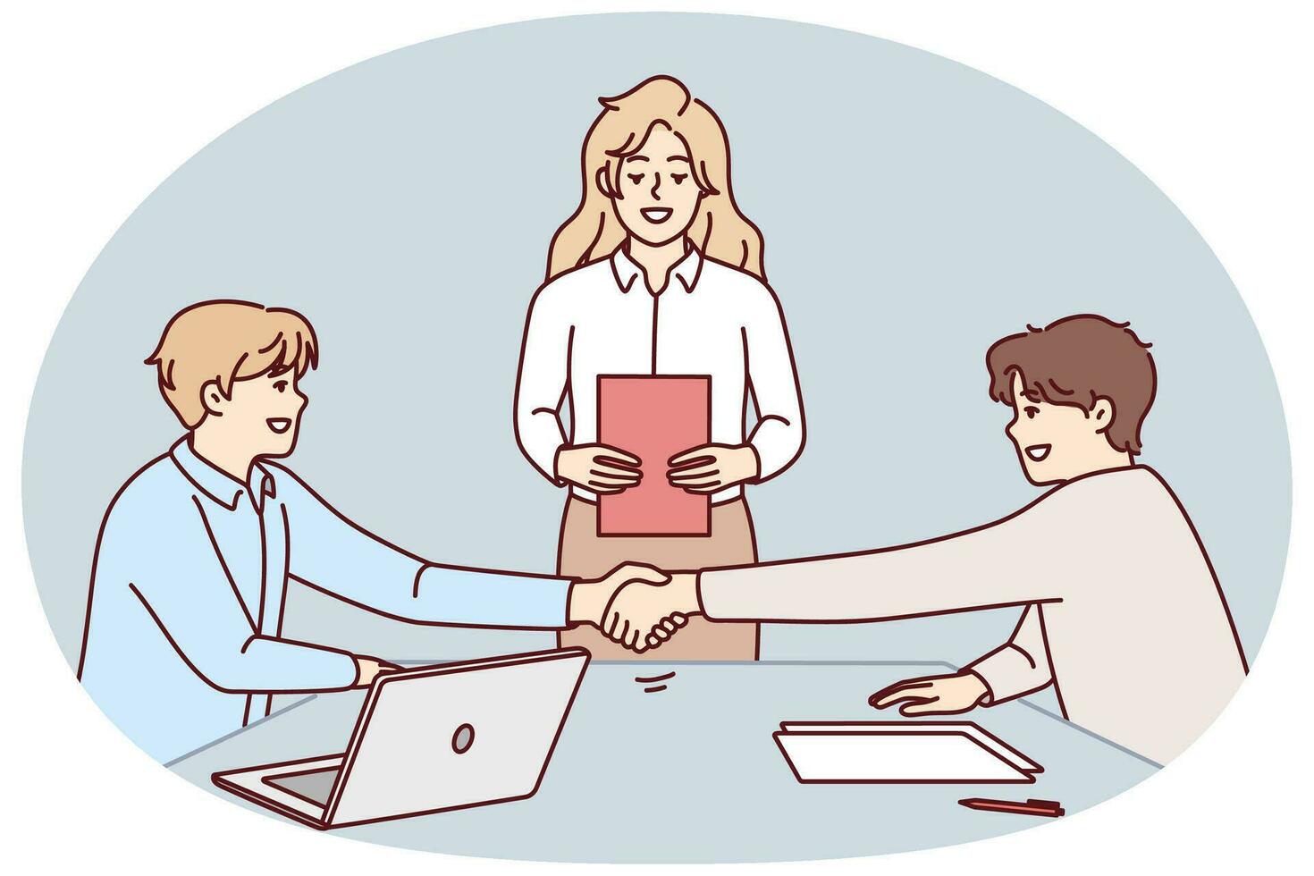 människor handslag stänga handla på kontor möte. leende affärsmän skaka händer göra avtal på genomgång. sysselsättning och partnerskap. vektor illustration.