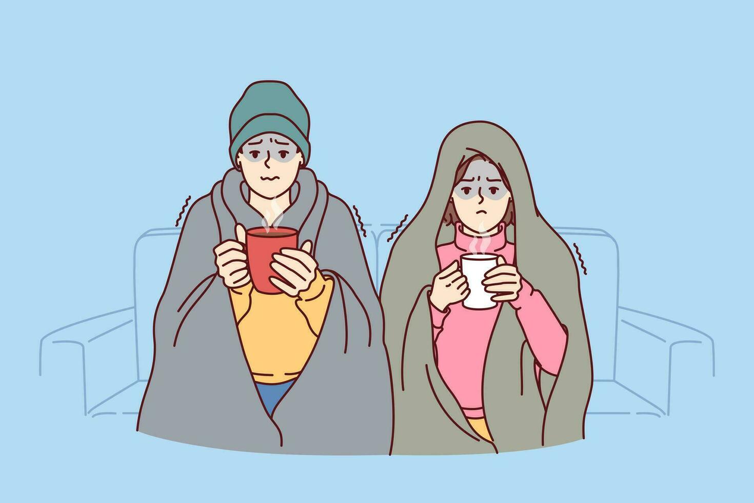 sjuk man och kvinna är Sammanträde på soffa insvept i filtar och dricka varm te. vektor