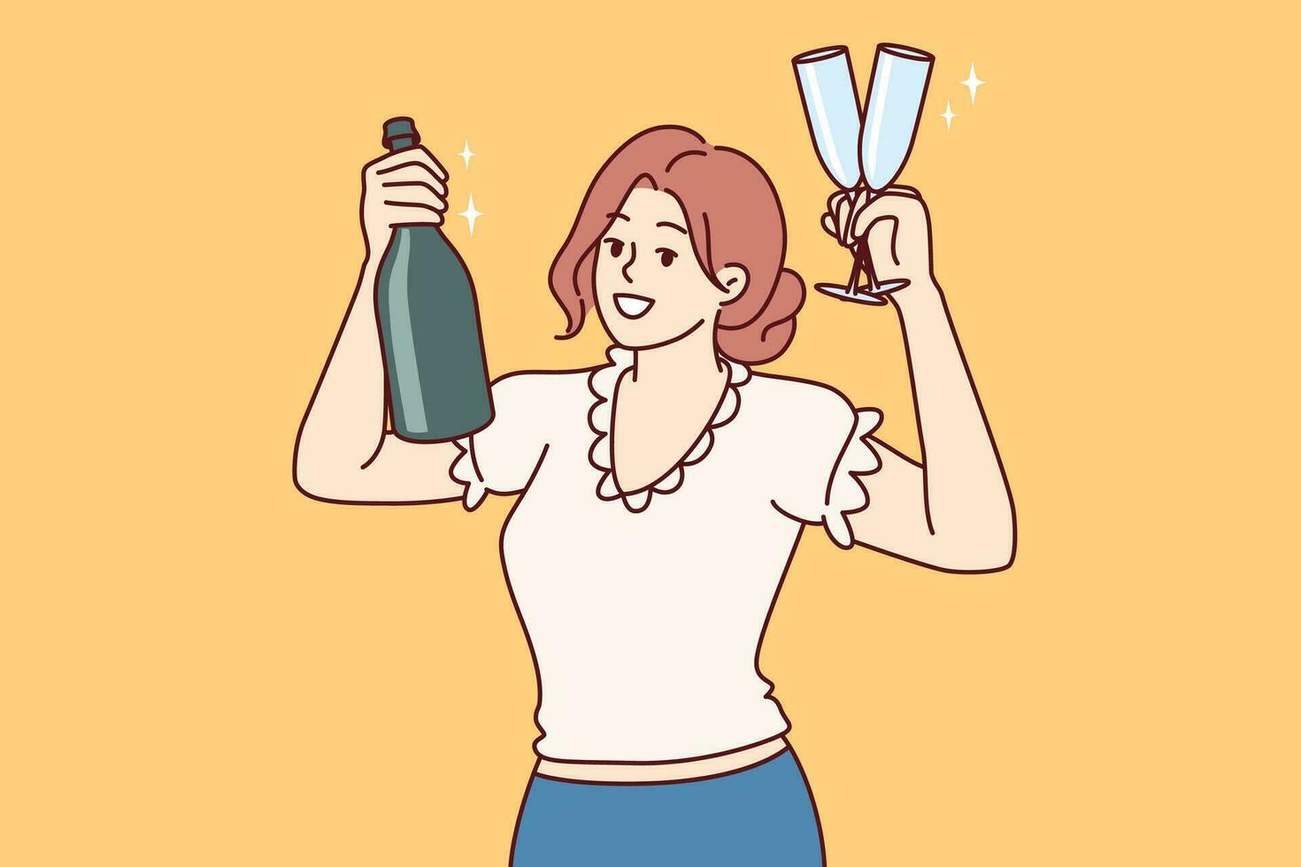 kvinna visar flaska champagne och vin glasögon, föreslår fredag natt fest till ta ha sönder från arbete vektor