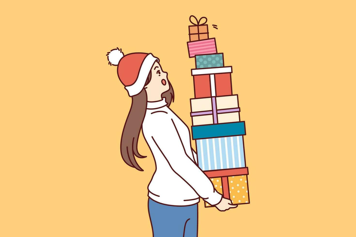 Frau mit Bündel von Weihnachten Geschenke im Hände ist im Schock und ist Angst zu fallen Kisten vektor