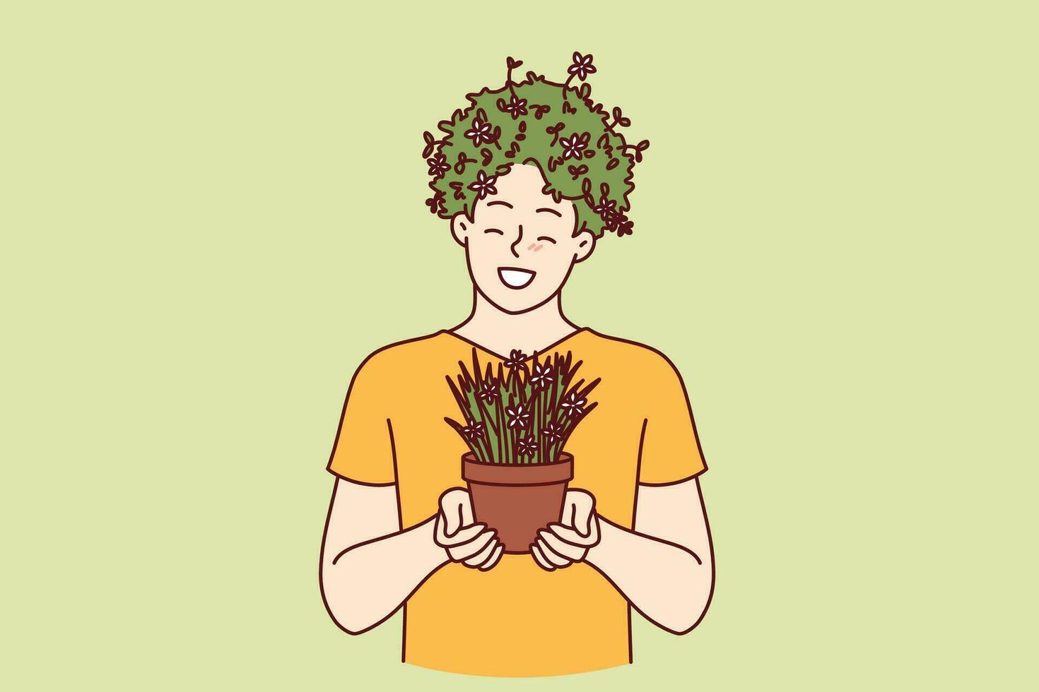man med hus växt i händer och frisyr tillverkad av gräs ler, njuter växande inomhus- blommor vektor