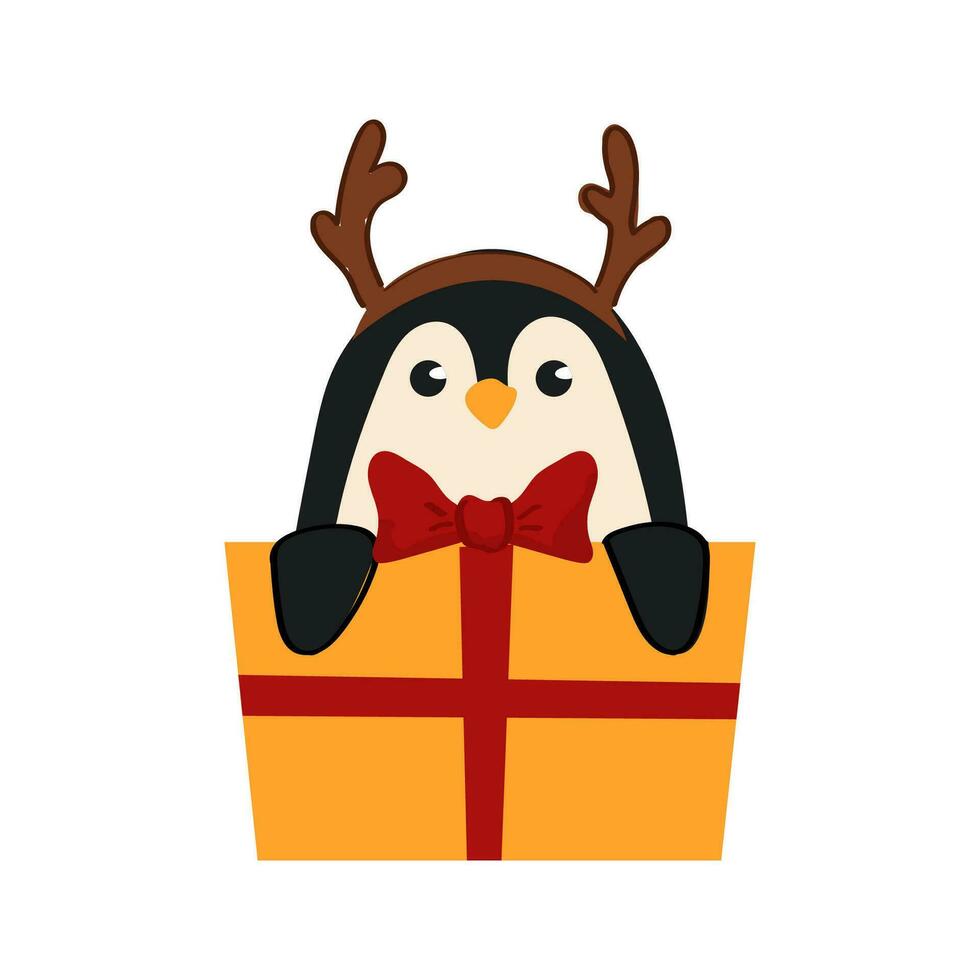 söt jul pingvin Sammanträde i en gåva låda. tecknad serie vinter- djur. vektor