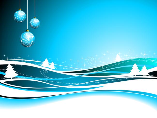 Vektor jul illustration med glasbollar på vinterns bakgrund.