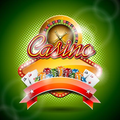 Vector Illustration auf einem Kasinothema mit der Farbe, die Chips und Rouletterad auf grünem Hintergrund spielt.