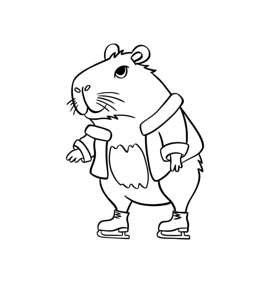söt capybara is skridskoåkning. vektor illustration hand ritade. för färg böcker, vykort, mallar.
