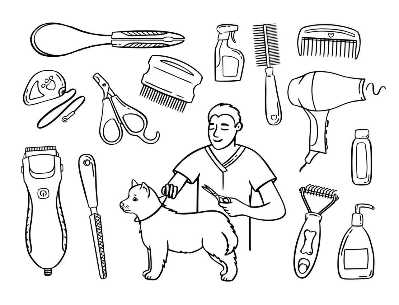 Haustier Pflege Satz. Salon zum Tiere. Gekritzel Stil Tier und Charakter Hand gezeichnet. Vektor Illustration.