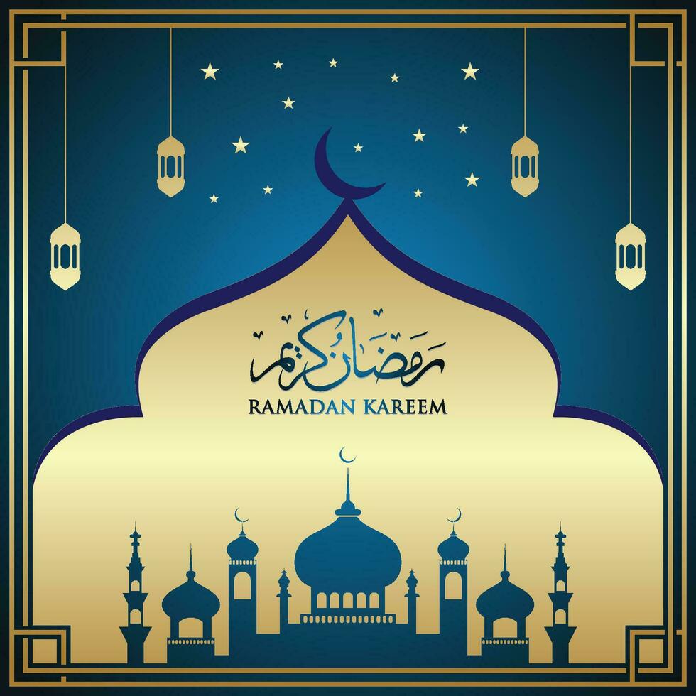 ramadan kareem islamisches design halbmond und moscheenkuppelsilhouette mit arabischem muster und kalligrafie vektor