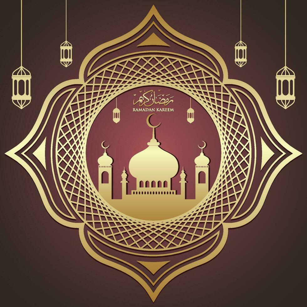 ramadan kareem islamisk design halvmåne och moskékupolsilhuett med arabiskt mönster och kalligrafi vektor
