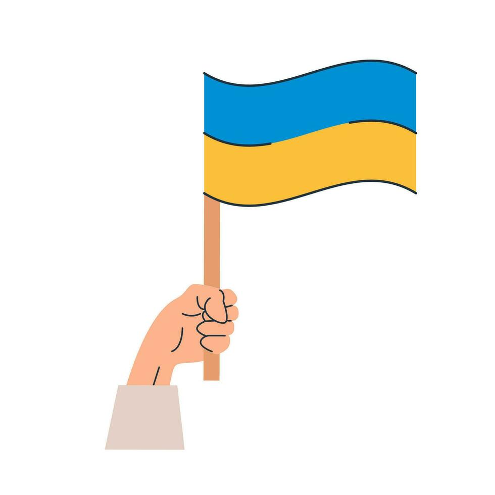 eben Illustration von Hand halten ukrainisch National Blau und Gelb Flagge. Nein Krieg im Ukraine. Demonstrant teilnehmen im Anti Krieg Demonstration. Vektor. vektor