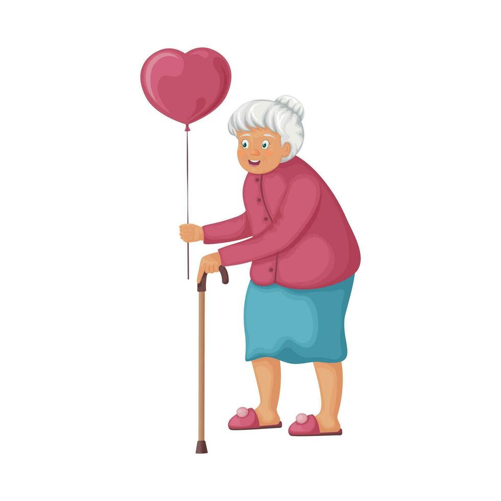mormor med en ballong i de form av en hjärta. en ljuv mormor är innehav en ballong i henne händer. glad äldre kvinna med en pinne på valentine s dag. vektor illustration