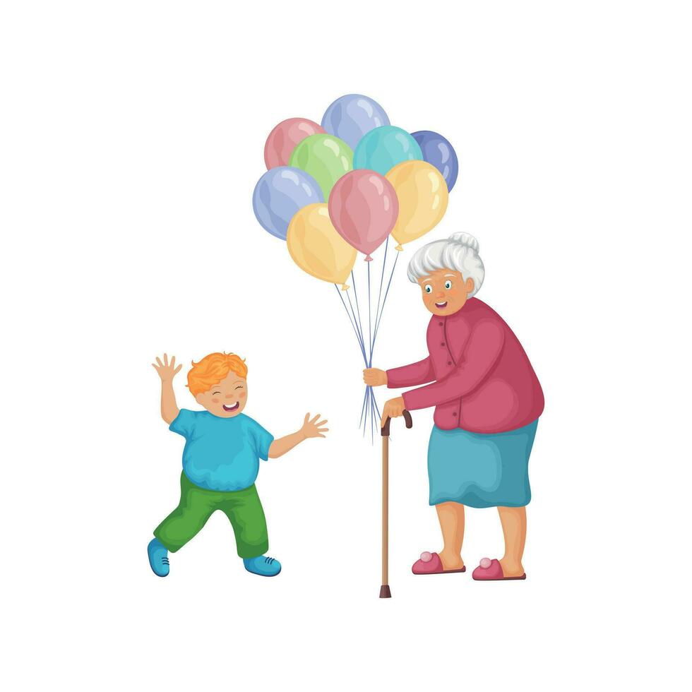 mormor och barnbarn. söt illustration av en mormor vem ger honom ballonger. ett äldre kvinna gratulerar en liten pojke. vektor illustration i tecknad serie stil